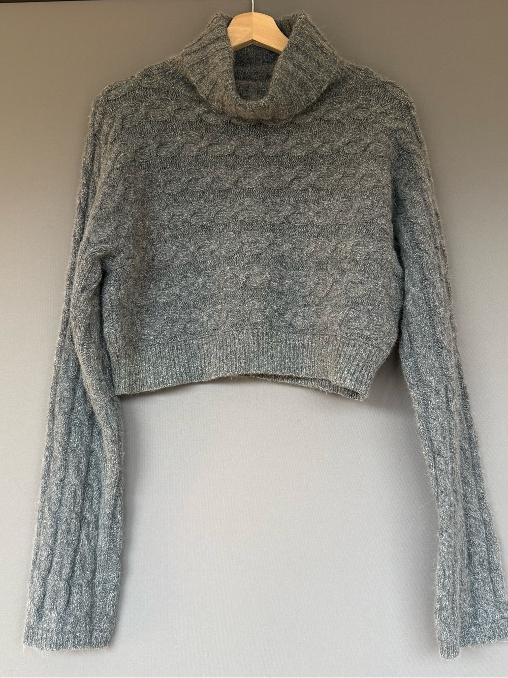 vtg 90s Ann Tjian Kenar Angora Cable Knit Crop Turtleneck Sweater Women Gray M